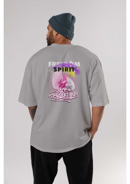 Freedom Spirit Brooklyn Arka Baskılı Gri Oversize T-Shirt Unisex Erkek Kadın Bisiklet Yaka fırsatları