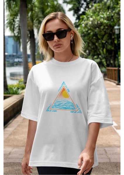 Summer Sunset Paradise Ön Baskılı Beyaz Oversize T-Shirt Erkek Kadın Bisiklet Yaka indirimleri