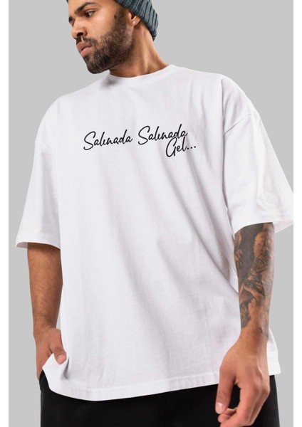 Salınada Salına Gel Ön Baskılı Beyaz Oversize T-Shirt Erkek Kadın Bisiklet Yaka modelleri