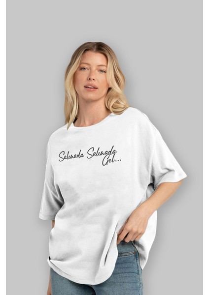 Salınada Salına Gel Ön Baskılı Beyaz Oversize T-Shirt Erkek Kadın Bisiklet Yaka fırsatları