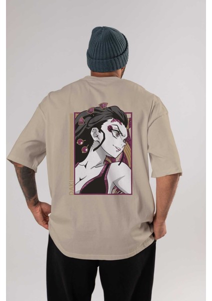 Daki Demıon Slayer Anime Arka Baskılı Bej Oversize T-Shirt %100 Pamuk Erkek Kadın
