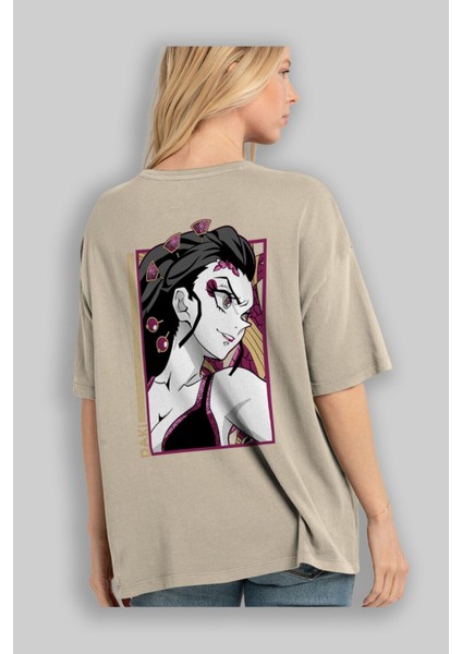 Daki Demıon Slayer Anime Arka Baskılı Bej Oversize T-Shirt %100 Pamuk Erkek Kadın modelleri