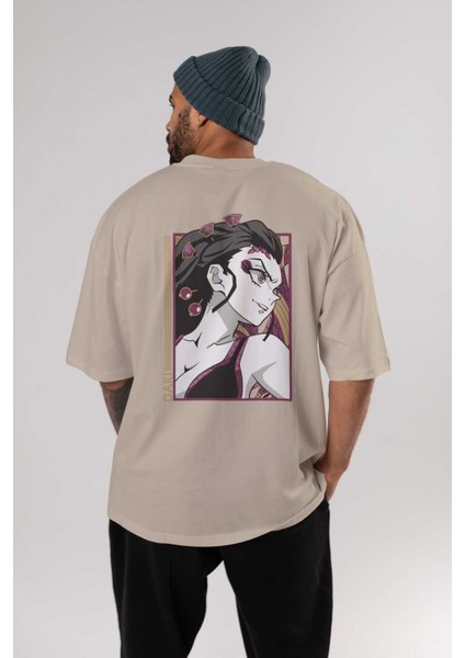 Daki Demıon Slayer Anime Arka Baskılı Bej Oversize T-Shirt %100 Pamuk Erkek Kadın fırsatları