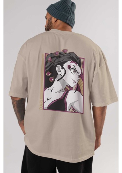 Daki Demıon Slayer Anime Arka Baskılı Bej Oversize T-Shirt %100 Pamuk Erkek Kadın indirimleri