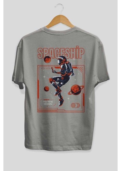 Spaceship Arka Baskılı Gri Oversize T-Shirt Unisex Erkek Kadın Bisiklet Yaka fiyatları