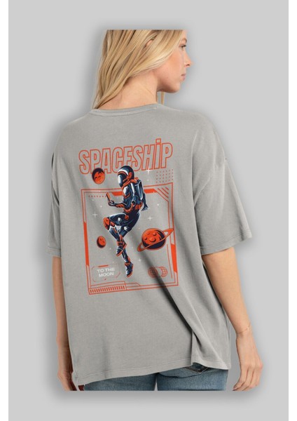 Spaceship Arka Baskılı Gri Oversize T-Shirt Unisex Erkek Kadın Bisiklet Yaka modelleri