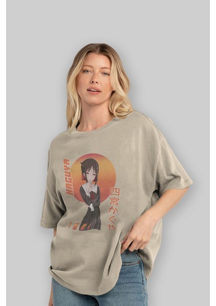 Kaguya Shinomiya 5 Anime Ön Baskılı Bej Oversize T-Shirt Erkek Kadın modelleri