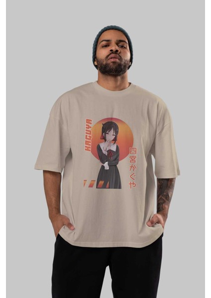 Kaguya Shinomiya 5 Anime Ön Baskılı Bej Oversize T-Shirt Erkek Kadın fırsatları