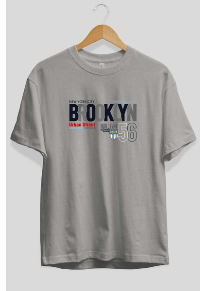 Brooklyn 56 Ön Baskılı Gri Oversize T-Shirt Unisex Erkek Kadın Bisiklet Yaka fiyatları