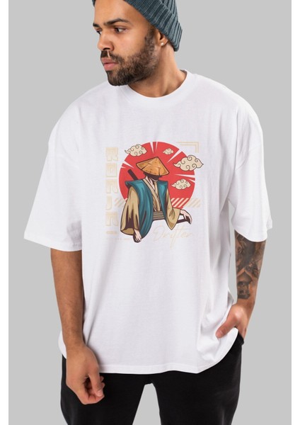 Ronin Ön Baskılı Beyaz Oversize T-Shirt Erkek Kadın Bisiklet Yaka