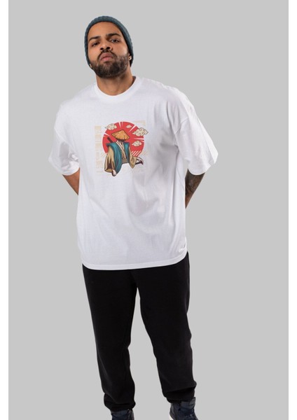 Ronin Ön Baskılı Beyaz Oversize T-Shirt Erkek Kadın Bisiklet Yaka fiyatları
