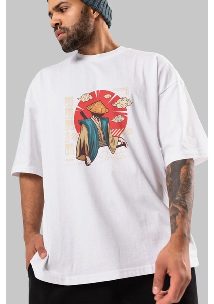 Ronin Ön Baskılı Beyaz Oversize T-Shirt Erkek Kadın Bisiklet Yaka modelleri