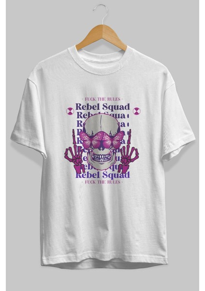 Rebel Squad Ön Baskılı Beyaz Oversize T-Shirt Erkek Kadın Bisiklet Yaka fiyatları