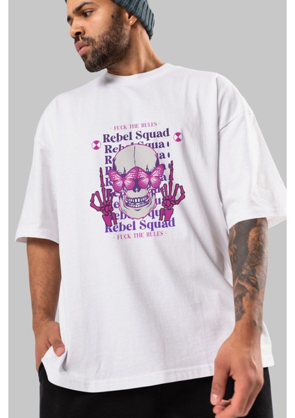 Rebel Squad Ön Baskılı Beyaz Oversize T-Shirt Erkek Kadın Bisiklet Yaka modelleri
