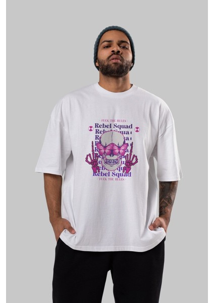 Rebel Squad Ön Baskılı Beyaz Oversize T-Shirt Erkek Kadın Bisiklet Yaka fırsatları