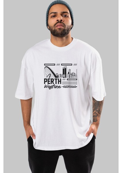Perth Ön Baskılı Beyaz Oversize T-Shirt Erkek Kadın Bisiklet Yaka fırsatları