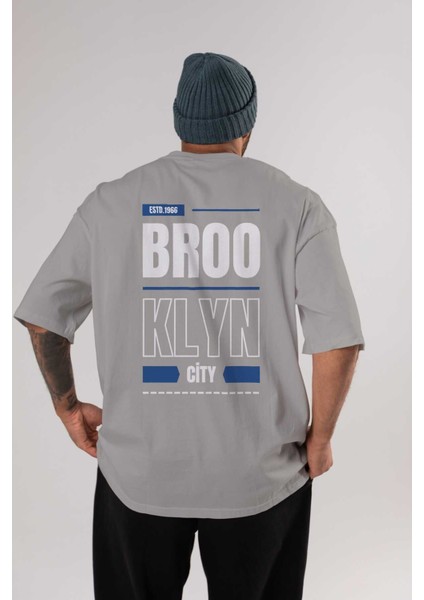 Brooklyn City Yazılı Arka Baskılı Gri Oversize T-Shirt Unisex Erkek Kadın Bisiklet Yaka