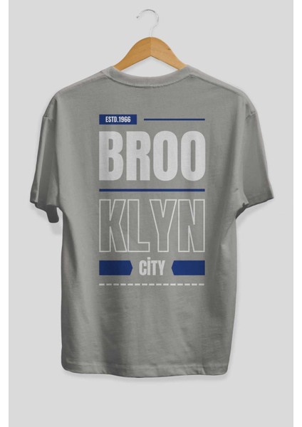 Brooklyn City Yazılı Arka Baskılı Gri Oversize T-Shirt Unisex Erkek Kadın Bisiklet Yaka fiyatları