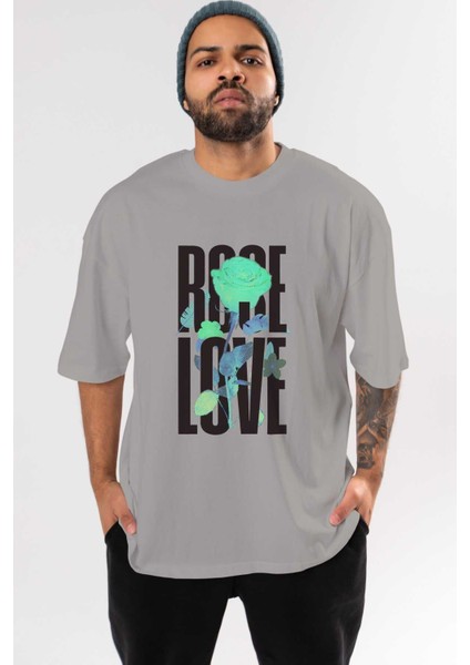 Rose Love Ön Baskılı Gri Oversize T-Shirt Unisex Erkek Kadın Bisiklet Yaka