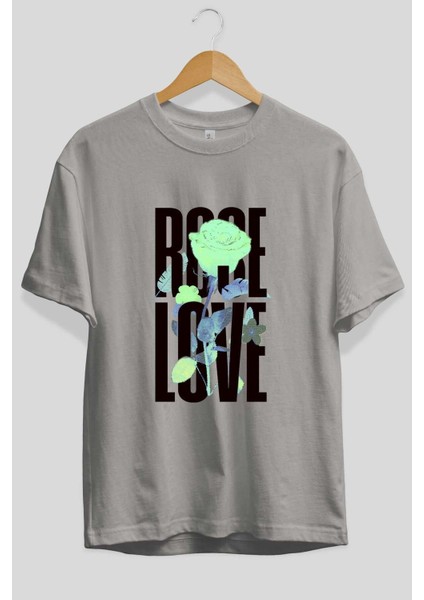 Rose Love Ön Baskılı Gri Oversize T-Shirt Unisex Erkek Kadın Bisiklet Yaka fiyatları