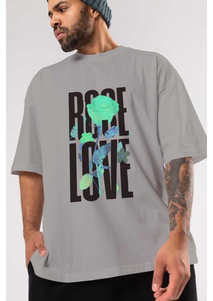 Rose Love Ön Baskılı Gri Oversize T-Shirt Unisex Erkek Kadın Bisiklet Yaka modelleri
