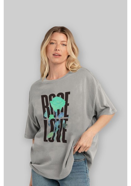 Rose Love Ön Baskılı Gri Oversize T-Shirt Unisex Erkek Kadın Bisiklet Yaka fırsatları