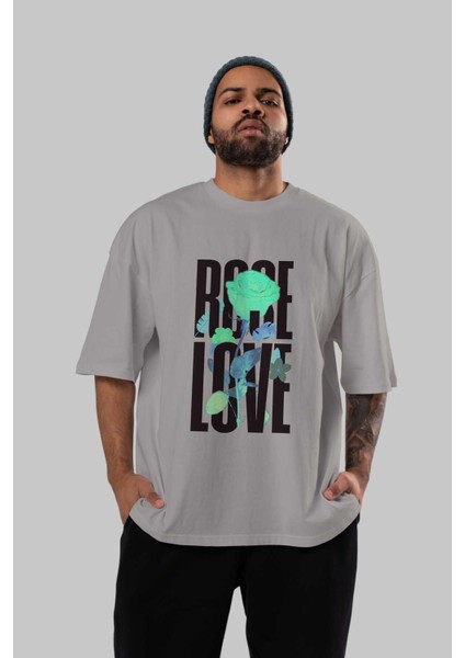 Rose Love Ön Baskılı Gri Oversize T-Shirt Unisex Erkek Kadın Bisiklet Yaka indirimleri