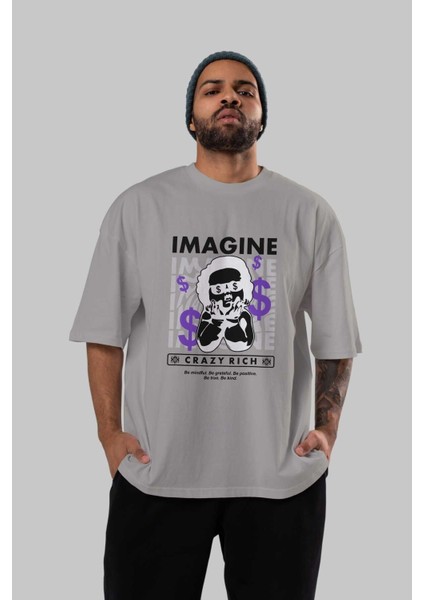 Imagine Crazy Rich Ön Baskılı Gri Oversize T-Shirt Unisex Erkek Kadın Bisiklet Yaka indirimleri