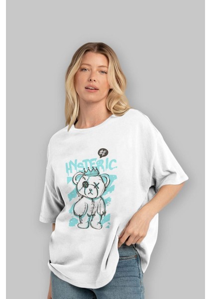 Hysteric Bear Ön Baskılı Beyaz Oversize T-Shirt Erkek Kadın Bisiklet Yaka fiyatları