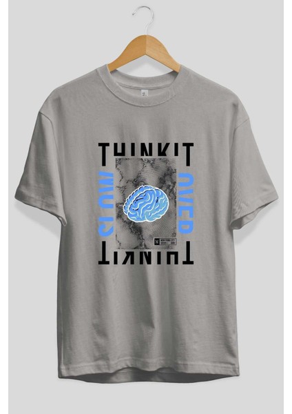 Think It Ön Baskılı Gri Oversize T-Shirt Unisex Erkek Kadın Bisiklet Yaka fiyatları