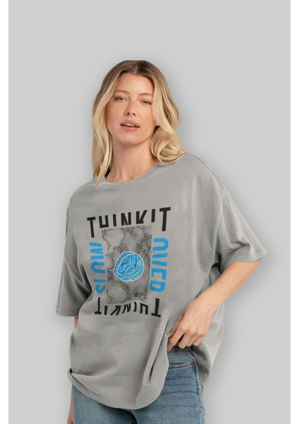 Think It Ön Baskılı Gri Oversize T-Shirt Unisex Erkek Kadın Bisiklet Yaka fırsatları