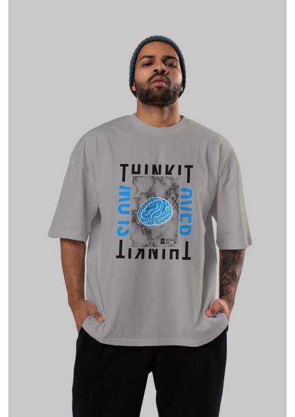 Think It Ön Baskılı Gri Oversize T-Shirt Unisex Erkek Kadın Bisiklet Yaka indirimleri