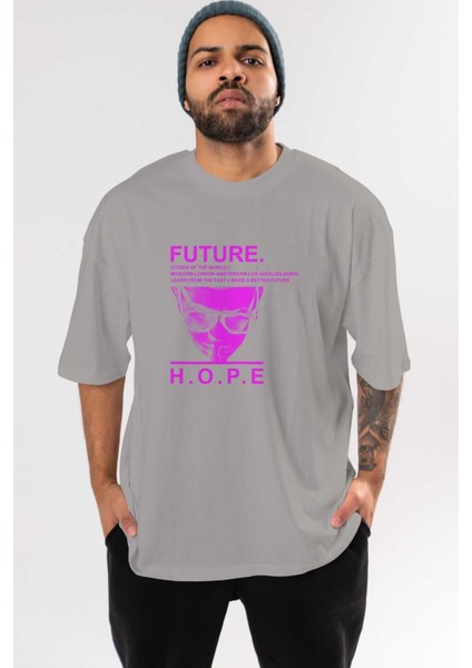 Future Hope Ön Baskılı Gri Oversize T-Shirt Unisex Erkek Kadın Bisiklet Yaka