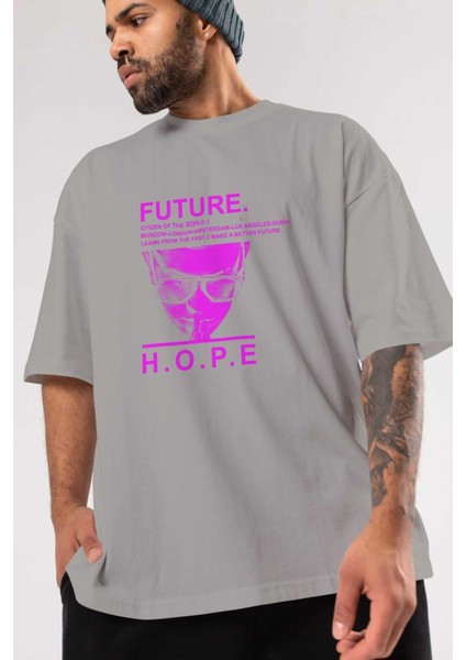 Future Hope Ön Baskılı Gri Oversize T-Shirt Unisex Erkek Kadın Bisiklet Yaka modelleri