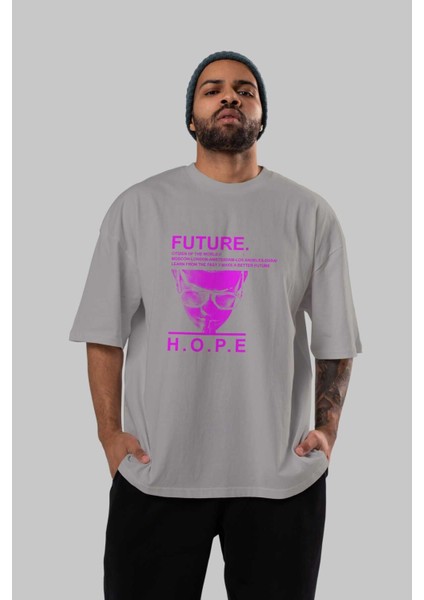 Future Hope Ön Baskılı Gri Oversize T-Shirt Unisex Erkek Kadın Bisiklet Yaka indirimleri