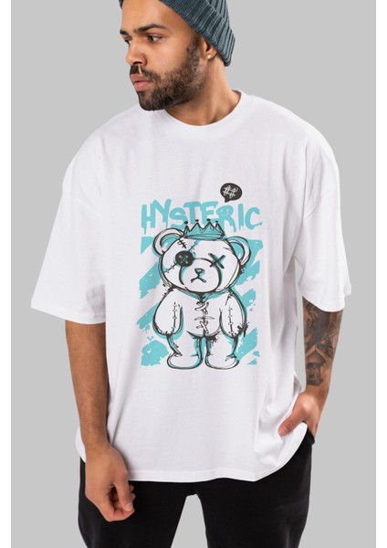 Hysteric Bear Ön Baskılı Beyaz Oversize T-Shirt Erkek Kadın Bisiklet Yaka modelleri