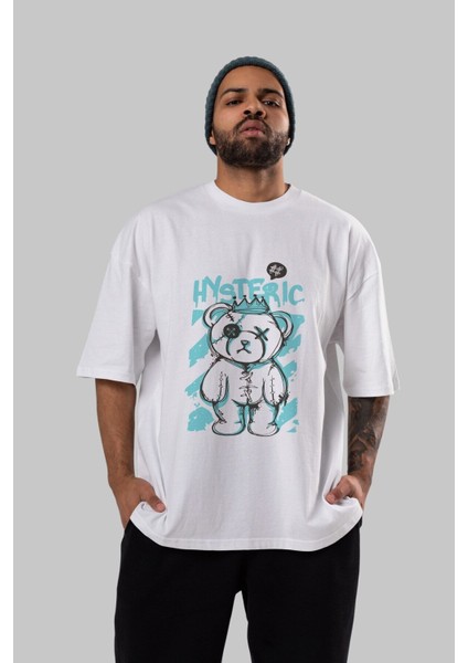 Hysteric Bear Ön Baskılı Beyaz Oversize T-Shirt Erkek Kadın Bisiklet Yaka indirimleri