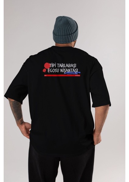 Tipi Tarlabaşı , Egosu Nişantaşı Arka Baskılı Siyah Oversize T-Shirt Erkek Kadın Bisiklet Yaka