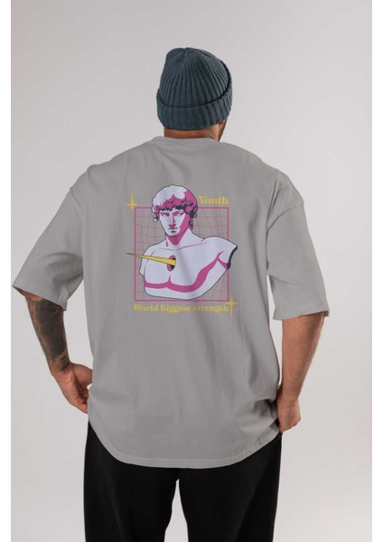 Youth Arka Baskılı Gri Oversize T-Shirt Unisex Erkek Kadın Bisiklet Yaka