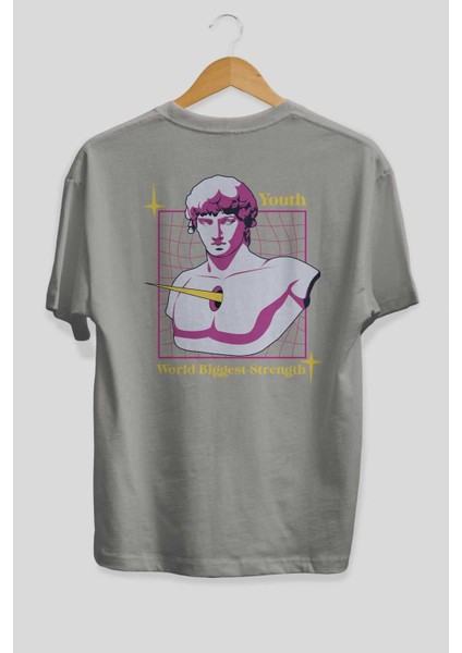 Youth Arka Baskılı Gri Oversize T-Shirt Unisex Erkek Kadın Bisiklet Yaka fiyatları