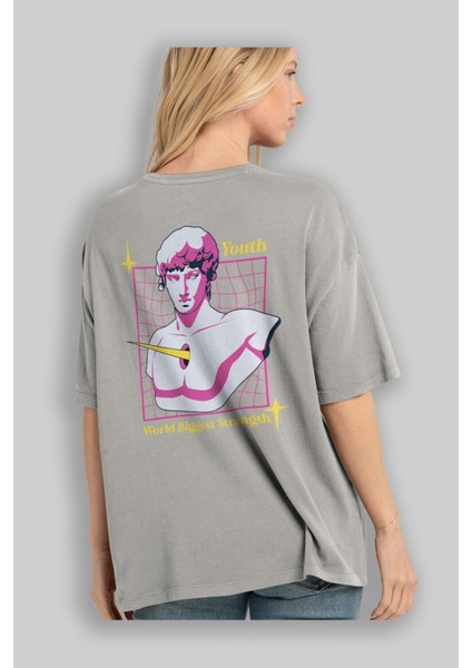 Youth Arka Baskılı Gri Oversize T-Shirt Unisex Erkek Kadın Bisiklet Yaka modelleri