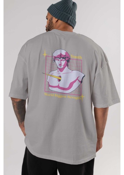 Youth Arka Baskılı Gri Oversize T-Shirt Unisex Erkek Kadın Bisiklet Yaka indirimleri
