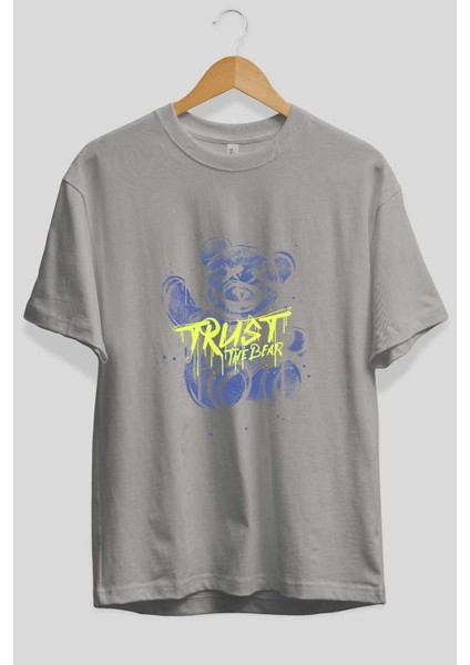 Trust The Bear 4 Ön Baskılı Gri Oversize T-Shirt Unisex Erkek Kadın Bisiklet Yaka fiyatları