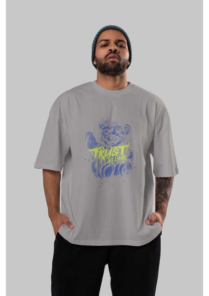 Trust The Bear 4 Ön Baskılı Gri Oversize T-Shirt Unisex Erkek Kadın Bisiklet Yaka indirimleri