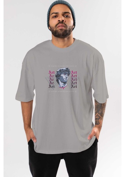Art Ön Baskılı Gri Oversize T-Shirt Unisex Erkek Kadın Bisiklet Yaka