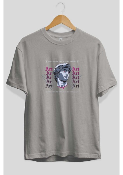 Art Ön Baskılı Gri Oversize T-Shirt Unisex Erkek Kadın Bisiklet Yaka fiyatları