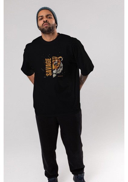 Savage Brooklyn Yazılı Ön Baskılı Siyah Oversize T-Shirt Erkek Kadın Bisiklet Yaka