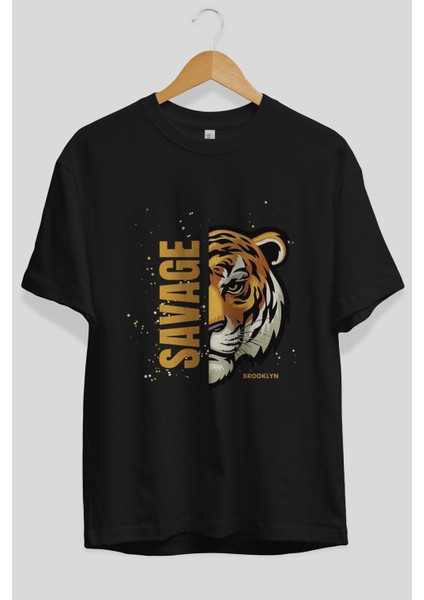 Savage Brooklyn Yazılı Ön Baskılı Siyah Oversize T-Shirt Erkek Kadın Bisiklet Yaka fiyatları