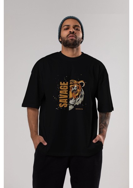 Savage Brooklyn Yazılı Ön Baskılı Siyah Oversize T-Shirt Erkek Kadın Bisiklet Yaka fırsatları