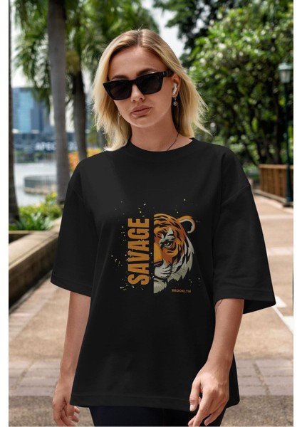 Savage Brooklyn Yazılı Ön Baskılı Siyah Oversize T-Shirt Erkek Kadın Bisiklet Yaka indirimleri